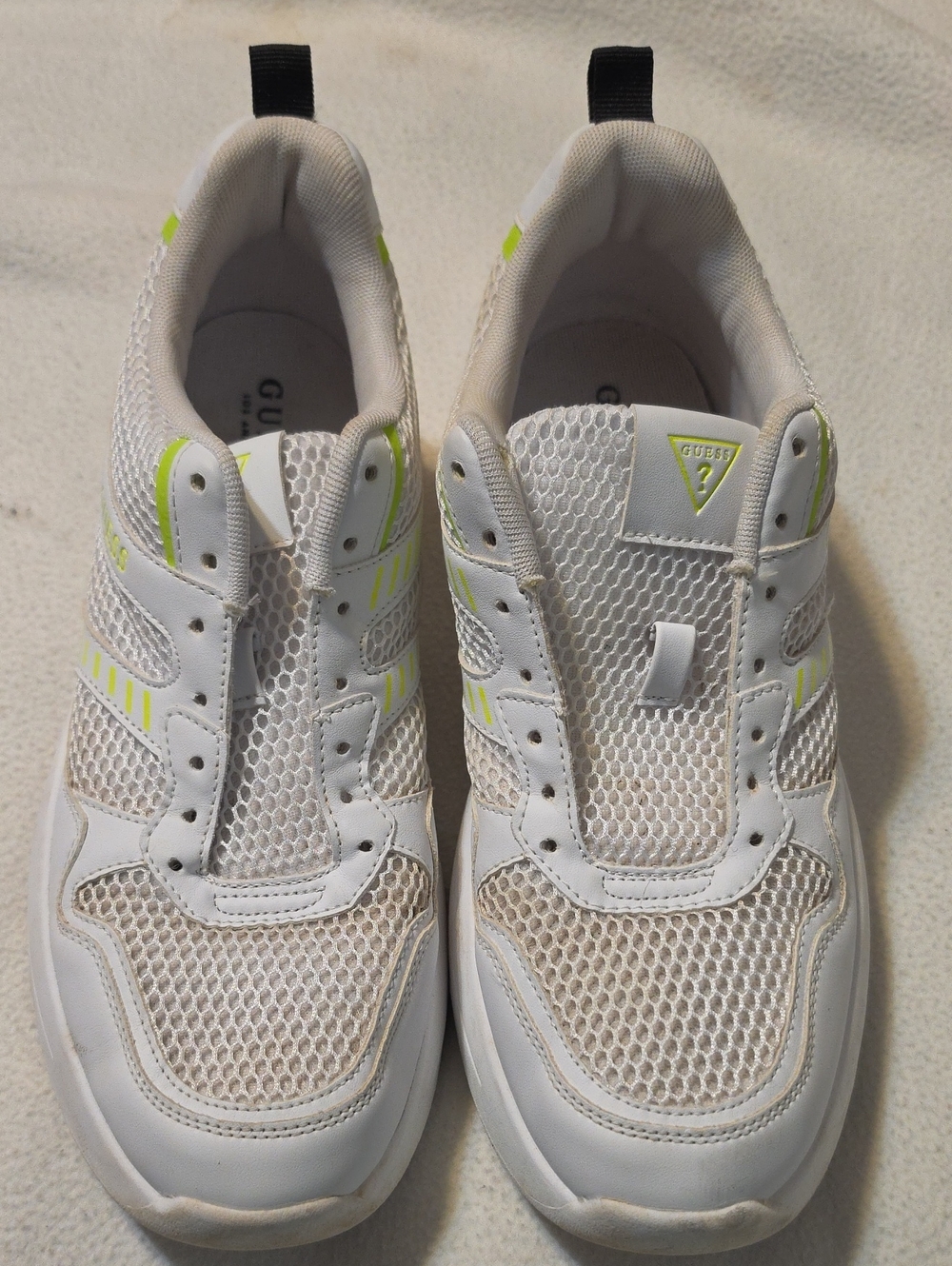 GUESS White Mesh Sneakers with Neon Lime Accents, Sz 12N